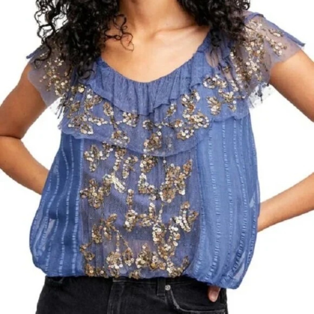 Free People Wild Moon Sequin Blouse XS Navy Boho Festival Party NWT Top
